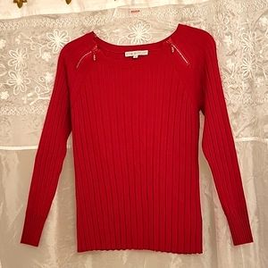 Cleo Carmine Red Ribbed Sweater, Rhinestone Zip Shoulders, PL
